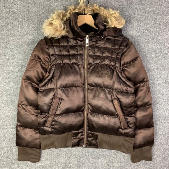 Ecko Red Womens Y2k Real Racoon Fur Hood Zip Puffer‎ Jacket Streetwear Size M - Picture 1 of 13